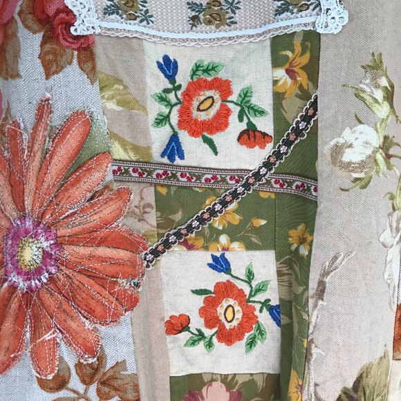 Art to wear patchwork mini dress women's M boho hippie retro denim whimsy floral - Picture 2 of 13